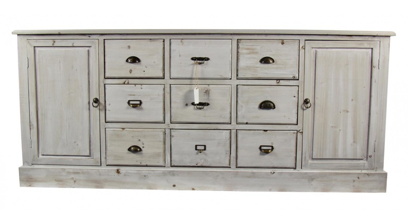 Meuble Semainier Chiffonnier Grainetier Bois 9 Tiroirs Cerusé Blanc 210x54x90cm