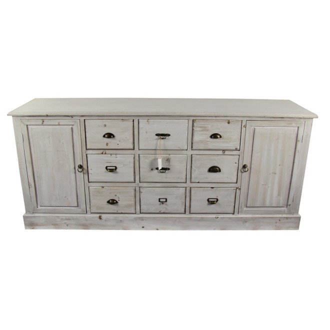 Meuble Semainier Chiffonnier Grainetier Bois 9 Tiroirs Cerusé Blanc 210x54x90cm