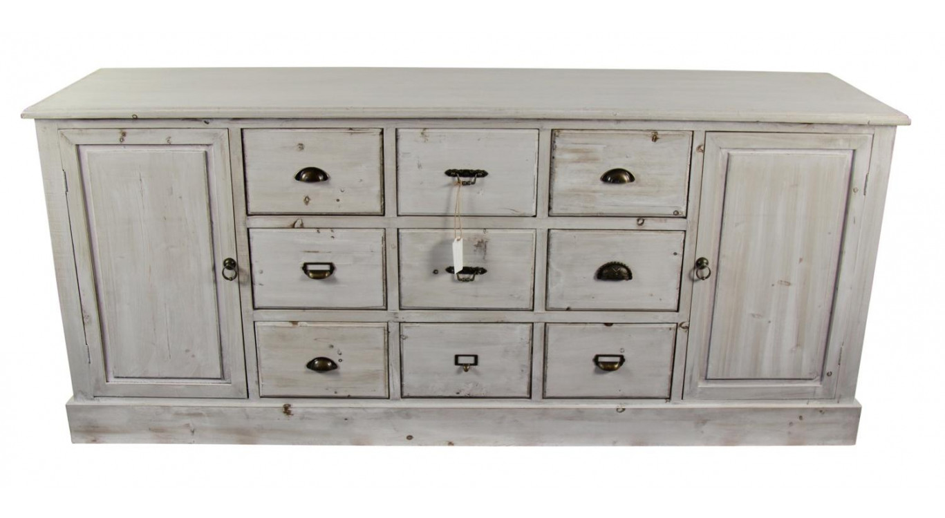 Wochenschrank Chiffonnier Grainetier Bois 9 Schubladen Cerusé Blanc 210x54x90cm