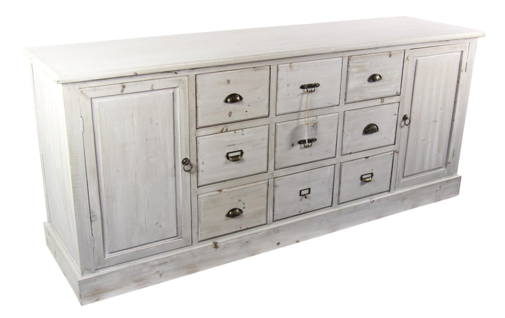 Meuble Semainier Chiffonnier Grainetier Bois 9 Tiroirs Cerusé Blanc 210x54x90cm