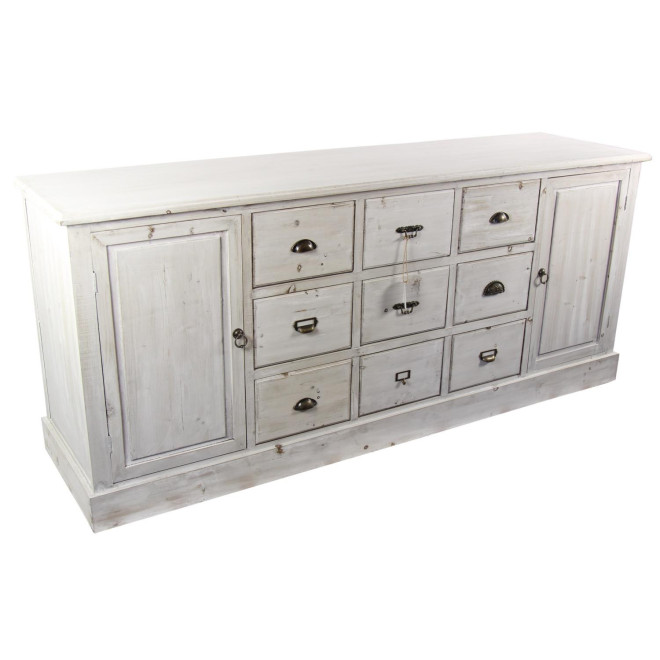 Meuble Semainier Chiffonnier Grainetier Bois 9 Tiroirs Cerusé Blanc 210x54x90cm