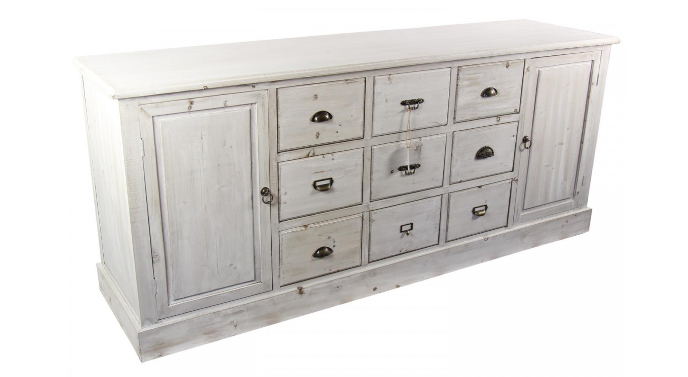 Meuble Semainier Chiffonnier Grainetier Bois 9 Tiroirs Cerusé Blanc 210x54x90cm