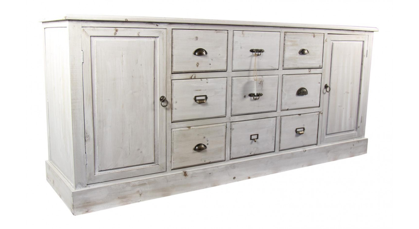 Wochenschrank Chiffonnier Grainetier Bois 9 Schubladen Cerusé Blanc 210x54x90cm