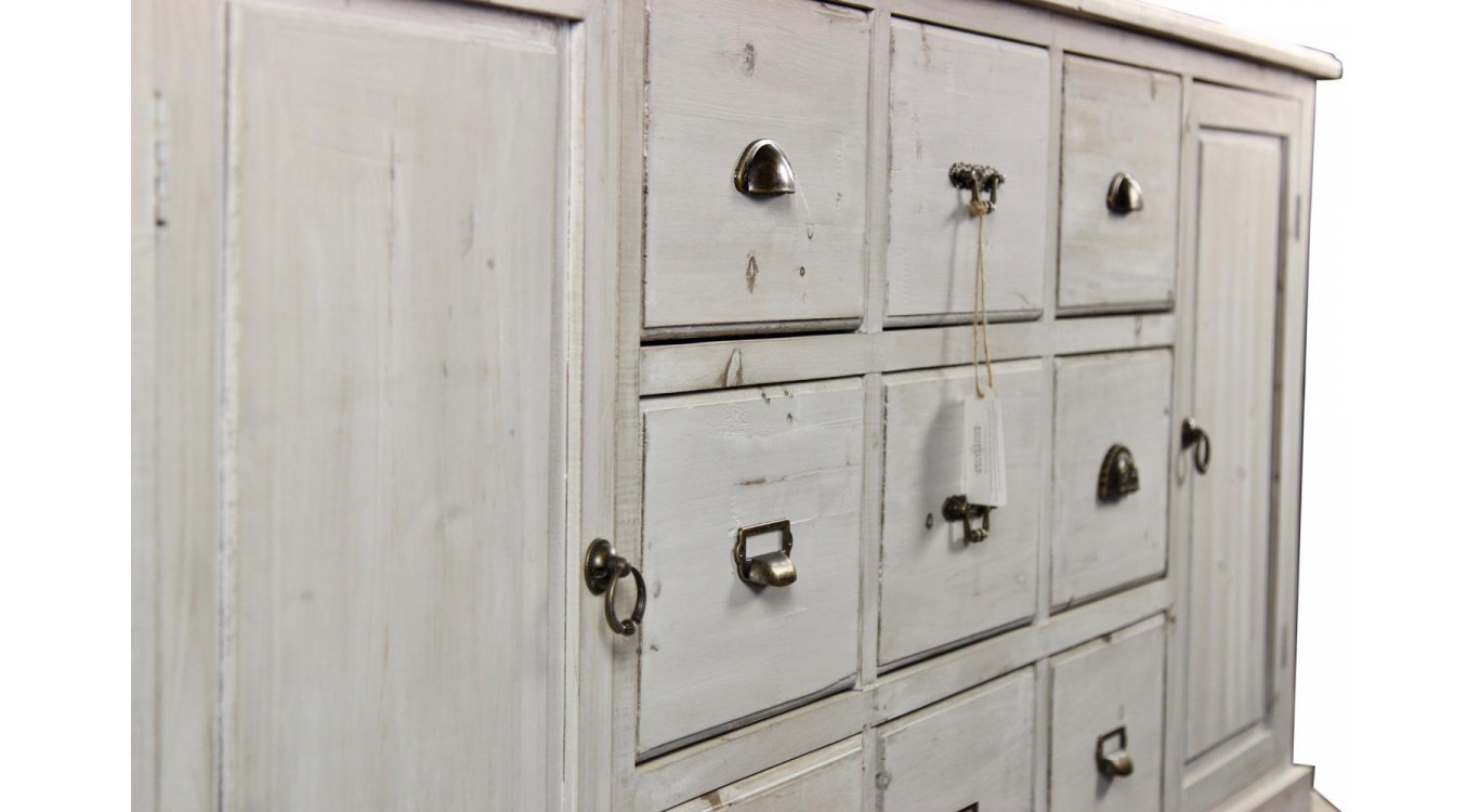 Wochenschrank Chiffonnier Grainetier Bois 9 Schubladen Cerusé Blanc 210x54x90cm