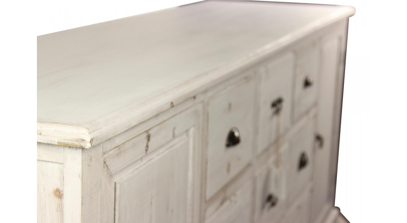 Meuble Semainier Chiffonnier Grainetier Bois 9 Tiroirs Cerusé Blanc 210x54x90cm