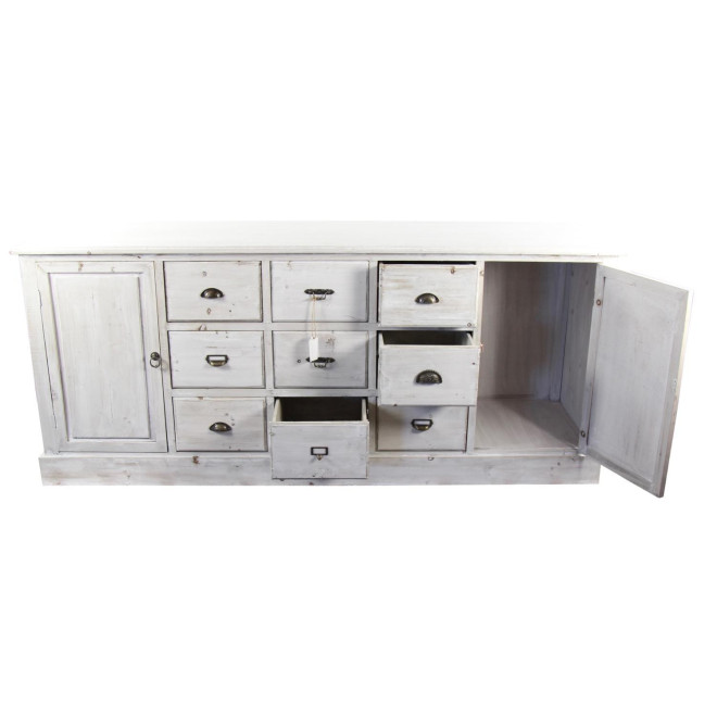 Meuble Semainier Chiffonnier Grainetier Bois 9 Tiroirs Cerusé Blanc 210x54x90cm