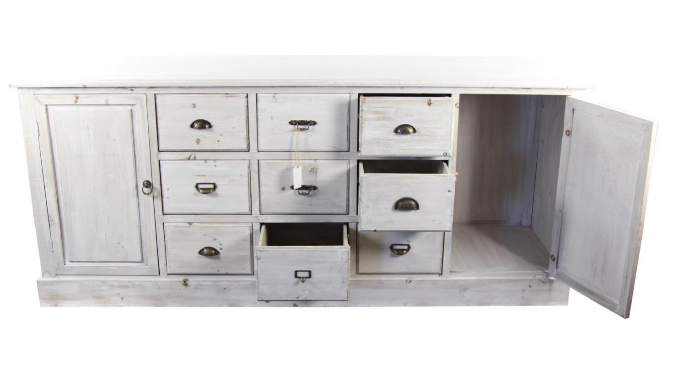 Meuble Semainier Chiffonnier Grainetier Bois 9 Tiroirs Cerusé Blanc 210x54x90cm