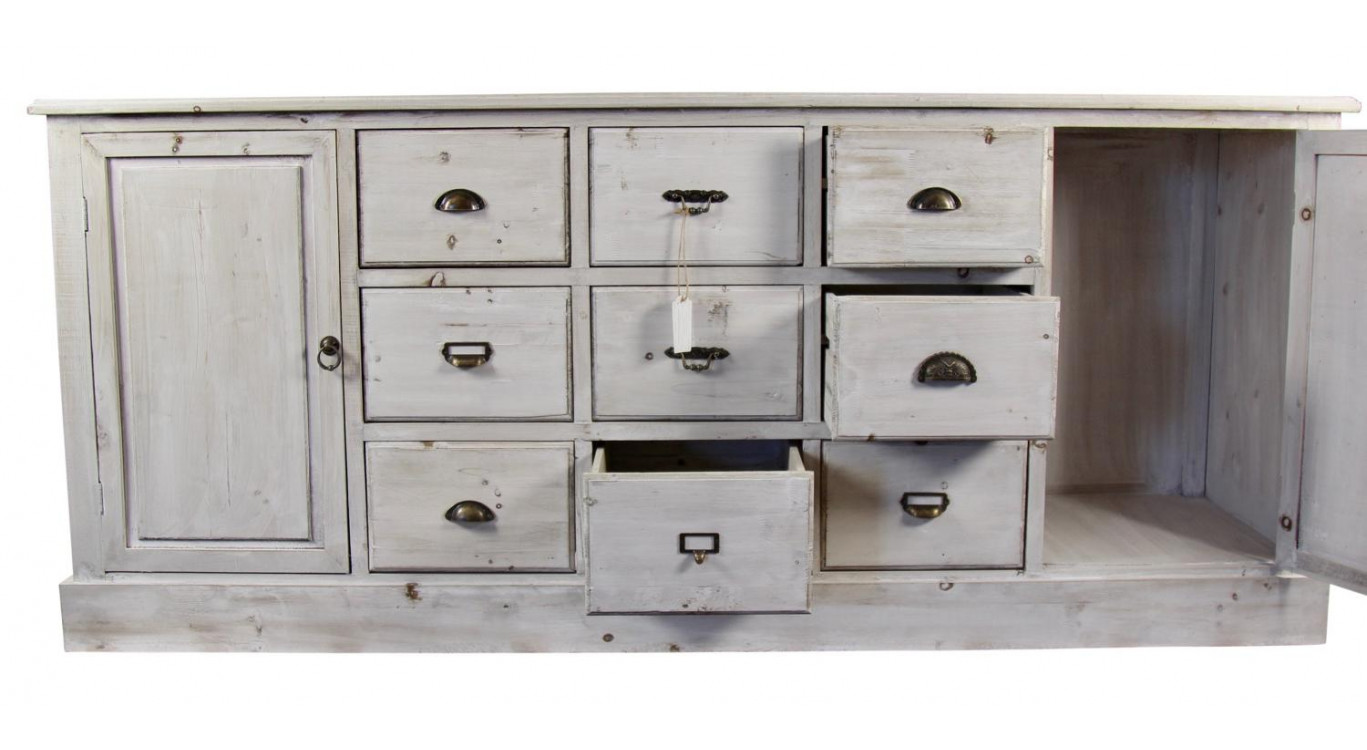 Wochenschrank Chiffonnier Grainetier Bois 9 Schubladen Cerusé Blanc 210x54x90cm