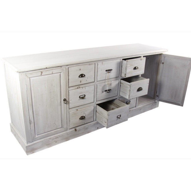 Meuble Semainier Chiffonnier Grainetier Bois 9 Tiroirs Cerusé Blanc 210x54x90cm