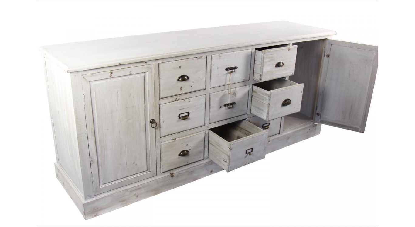 Wochenschrank Chiffonnier Grainetier Bois 9 Schubladen Cerusé Blanc 210x54x90cm