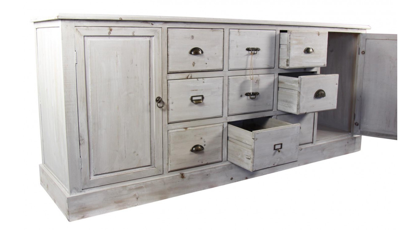 Wochenschrank Chiffonnier Grainetier Bois 9 Schubladen Cerusé Blanc 210x54x90cm