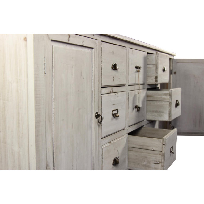 Wochenschrank Chiffonnier Grainetier Bois 9 Schubladen Cerusé Blanc 210x54x90cm