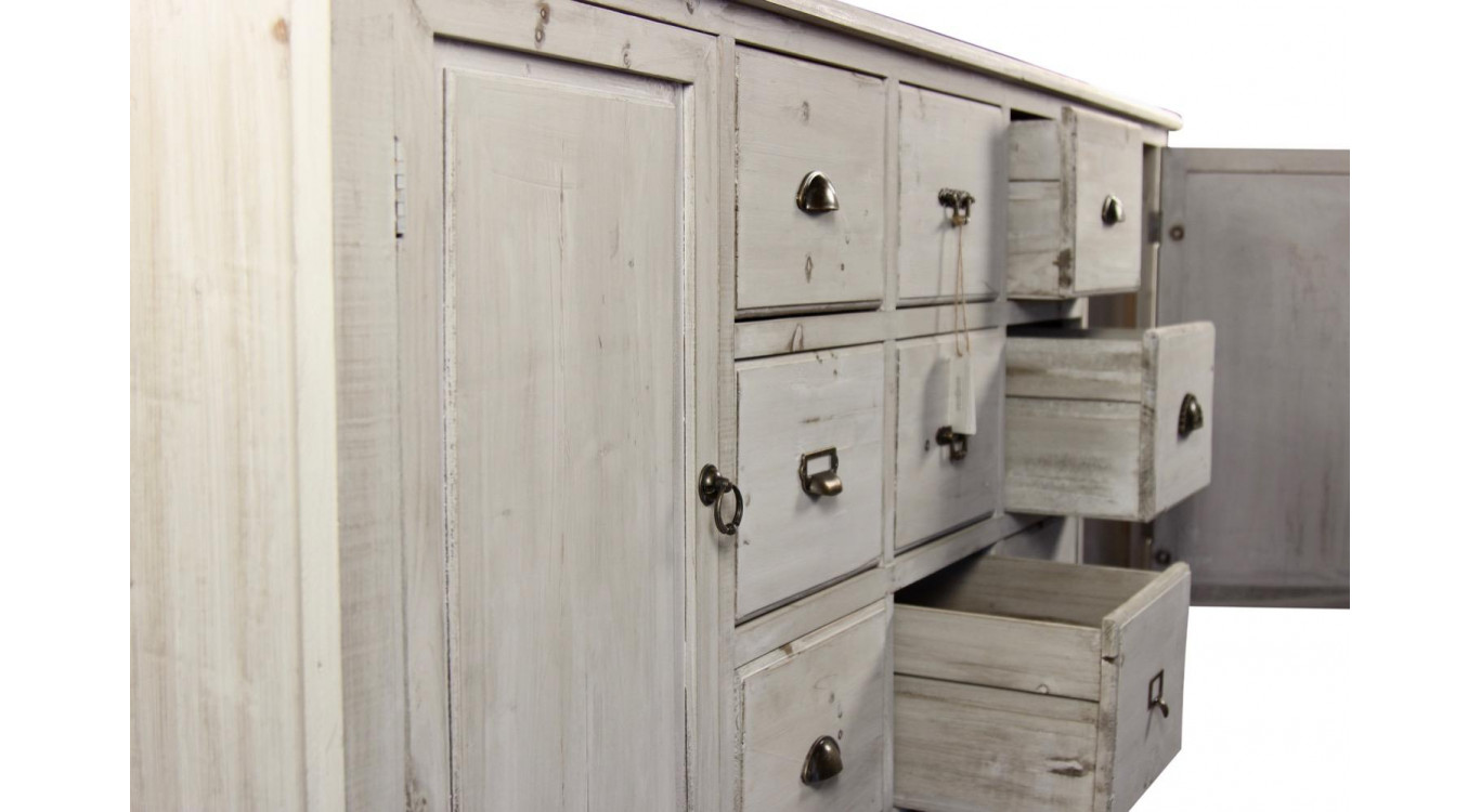 Meuble Semainier Chiffonnier Grainetier Bois 9 Tiroirs Cerusé Blanc 210x54x90cm