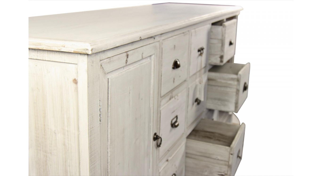Meuble Semainier Chiffonnier Grainetier Bois 9 Tiroirs Cerusé Blanc 210x54x90cm