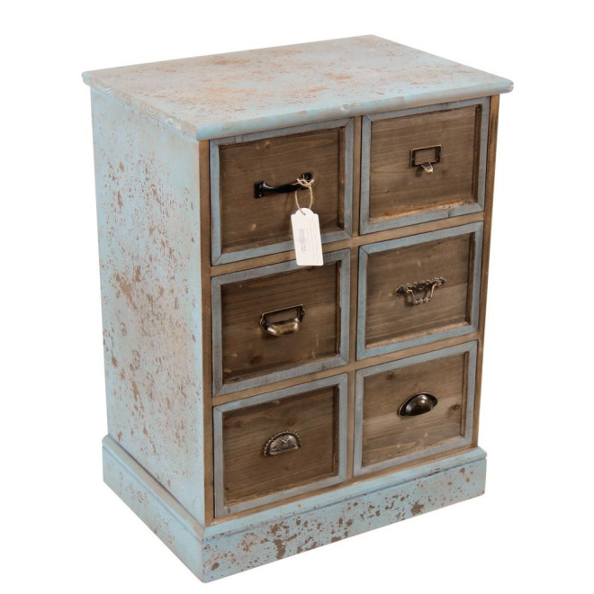 Meuble Semainier Chiffonnier Grainetier Bois 6 Tiroirs Bleu Vieilli 58x40.5x76cm