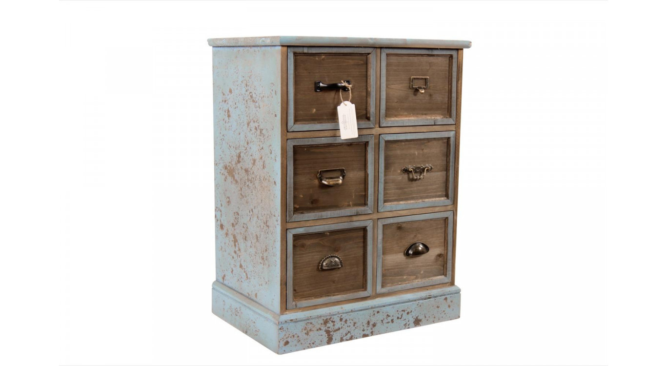 Meuble Semainier Chiffonnier Grainetier Bois 6 Tiroirs Bleu Vieilli 58x40.5x76cm
