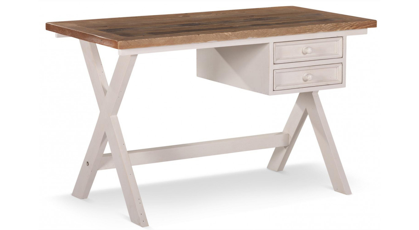 Bureau Bois Blanc Césuré 2 Tiroirs 130x66x80cm