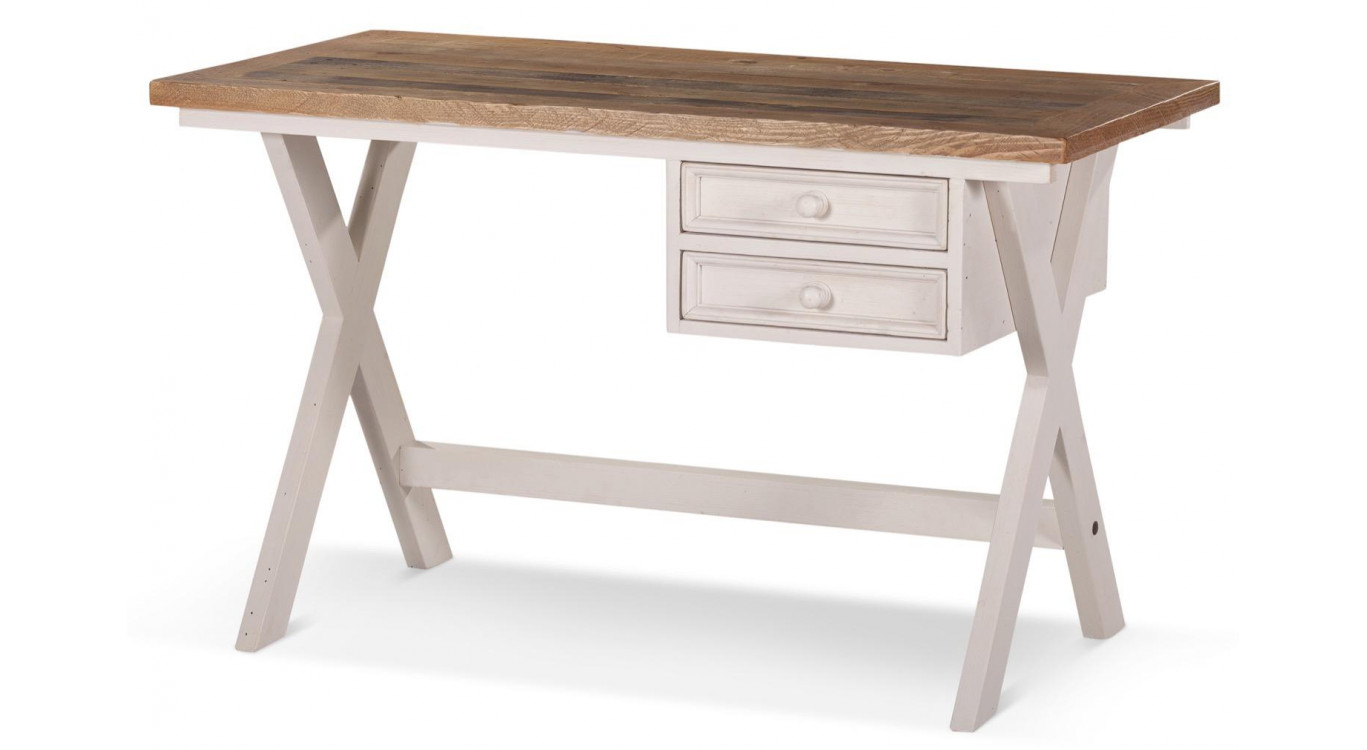 Bureau Bois Blanc Césuré 2 Tiroirs 130x66x80cm