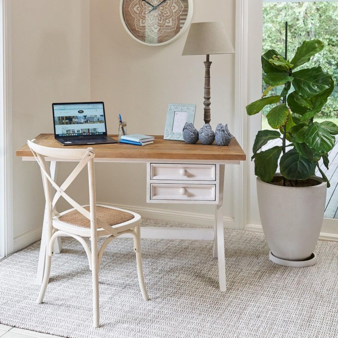Bureau Bois Blanc Césuré 2 Tiroirs 130x66x80cm