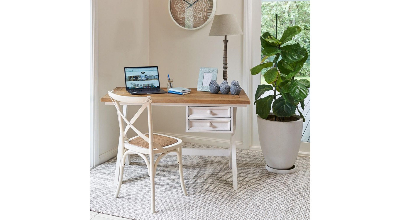 Bureau Bois Blanc Césuré 2 Tiroirs 130x66x80cm