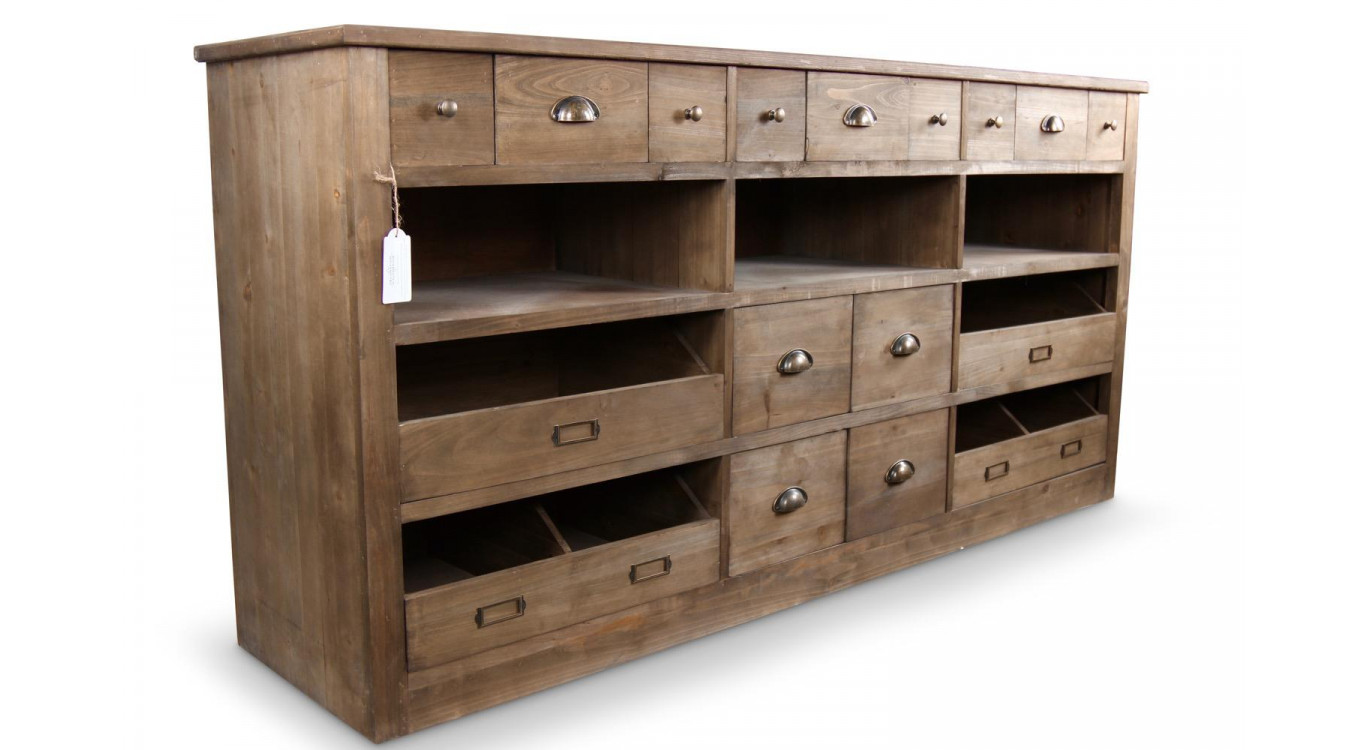 Meuble Semainier Chiffonnier Grainetier Bois 13 Tiroirs Marron 183x45x89.5cm