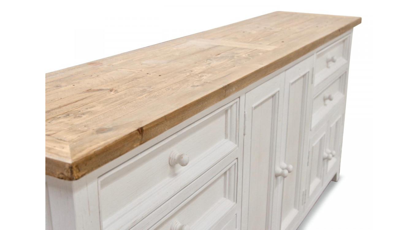 Meuble Bas Rangement Bois Blanc Césuré 4 Tiroirs 210x45x89cm