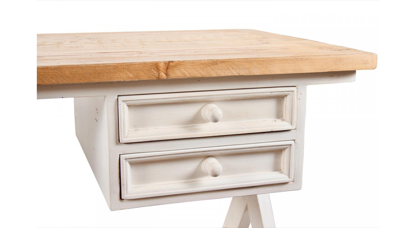 Bureau Bois Blanc Césuré 2 Tiroirs 130x66x80cm