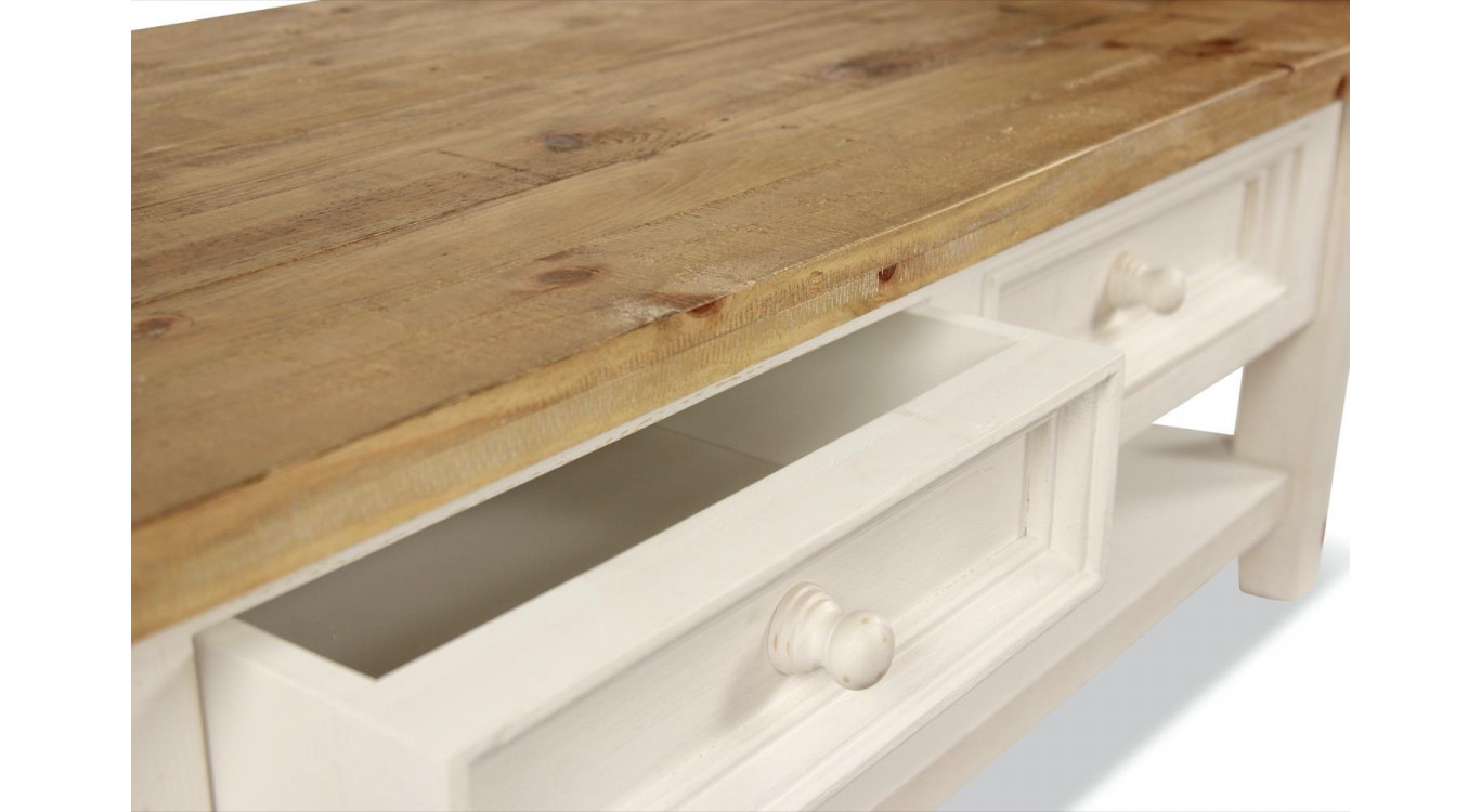 Meuble Bas Rangement Bois Blanc Césuré 2 Tiroirs 120x60x45cm