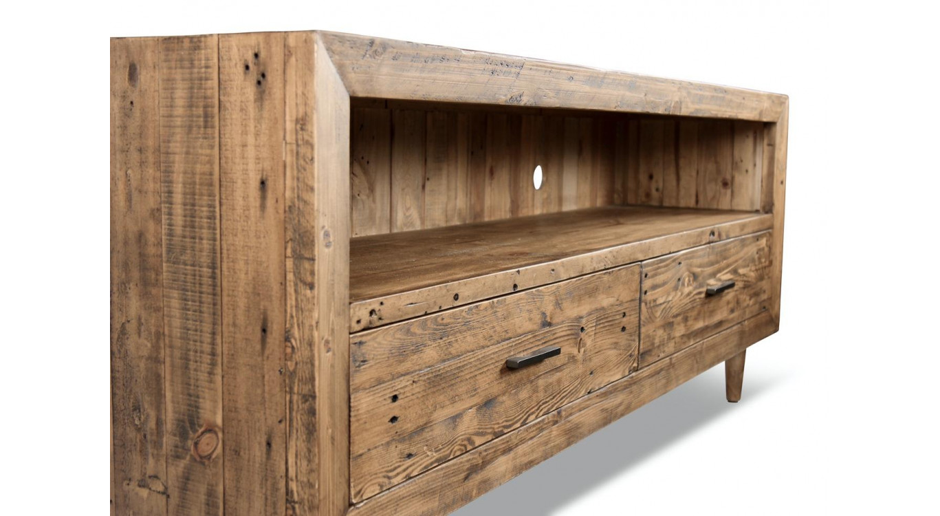 Meuble TV Bas Rangement Bois 2 Tiroirs 160x40x69cm