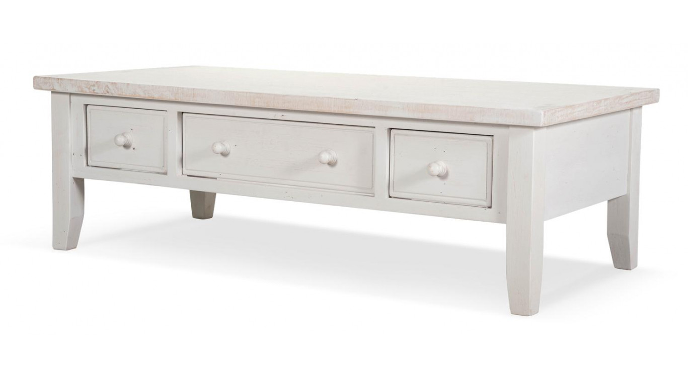 Table Basse 3 Tiroirs Bois Blanc 140x70x45cm