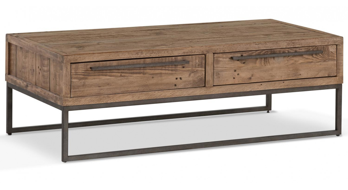 Table Basse 2 Tiroirs Bois Métal Marron 120x60x40cm