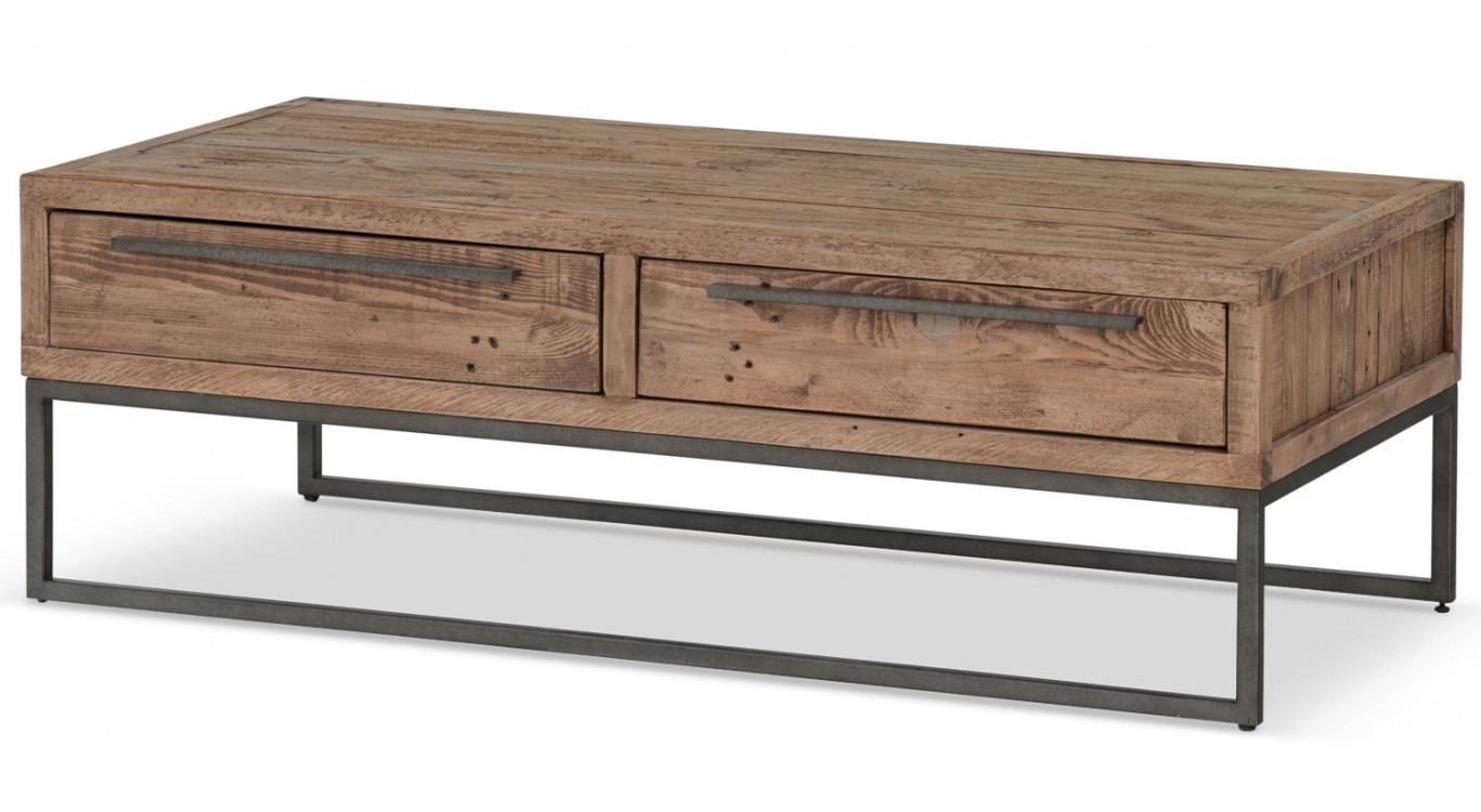 Table Basse 2 Tiroirs Bois Métal Marron 120x60x40cm
