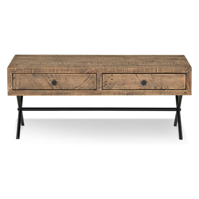 Table Basse 2 Tiroirs Bois Métal Marron 100x50x40cm