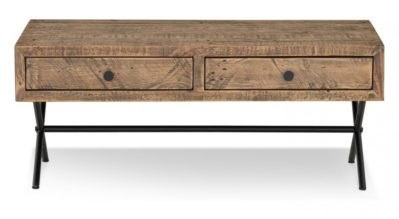 Table Basse 2 Tiroirs Bois Métal Marron 100x50x40cm