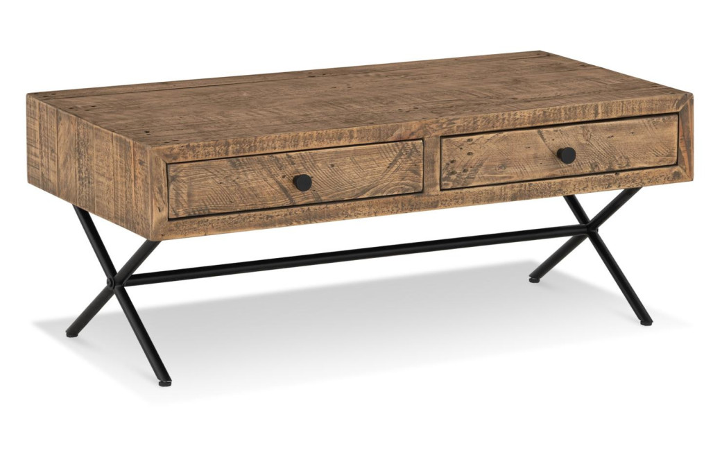 Table Basse 2 Tiroirs Bois Métal Marron 100x50x40cm