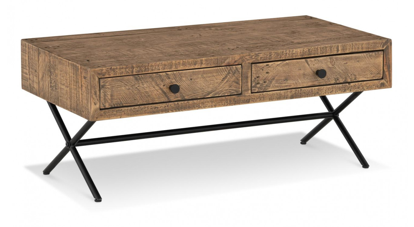 Table Basse 2 Tiroirs Bois Métal Marron 100x50x40cm