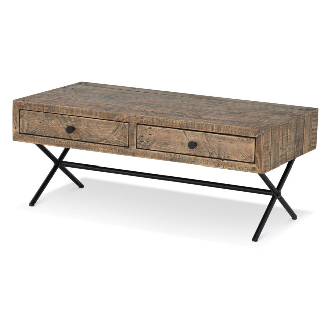 Table Basse 2 Tiroirs Bois Métal Marron 100x50x40cm