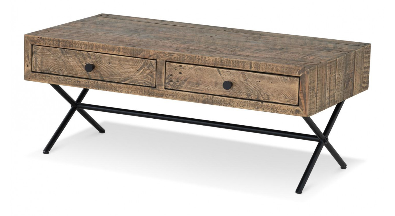 Table Basse 2 Tiroirs Bois Métal Marron 100x50x40cm