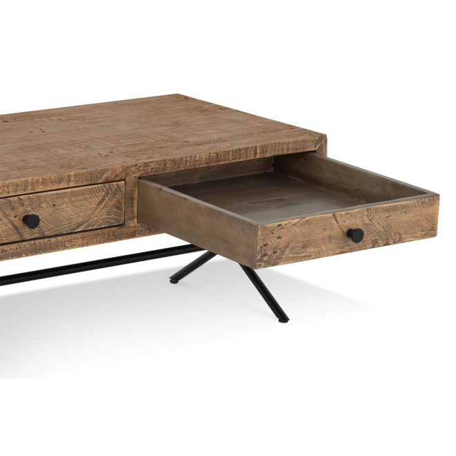 Table Basse 2 Tiroirs Bois Métal Marron 100x50x40cm
