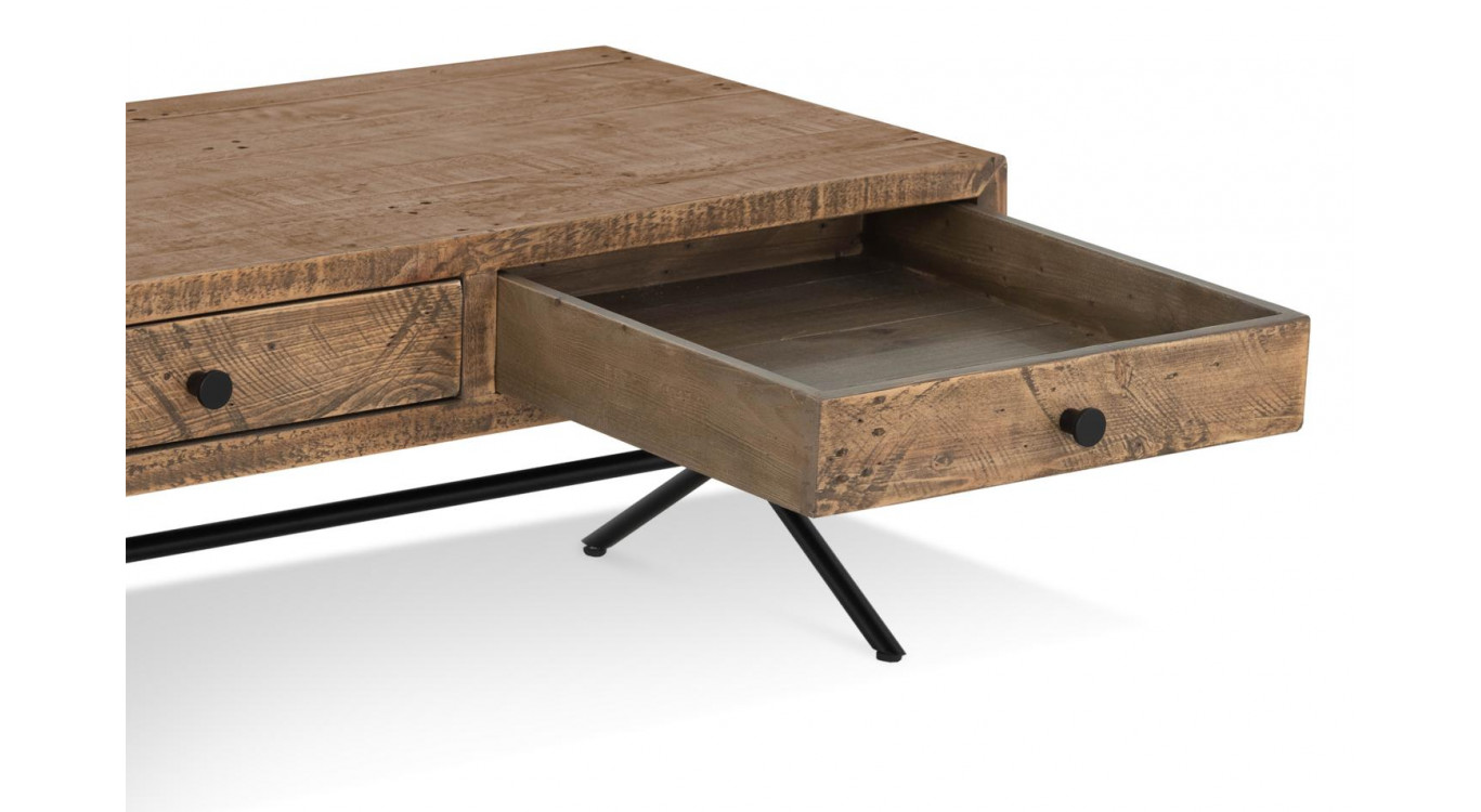 Table Basse 2 Tiroirs Bois Métal Marron 100x50x40cm