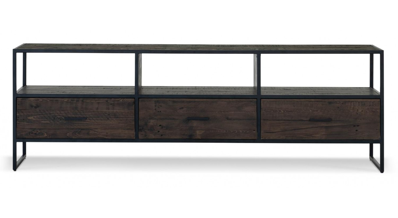 Meuble TV 3 Tiroirs Bois Métal Marron 200x45x65cm