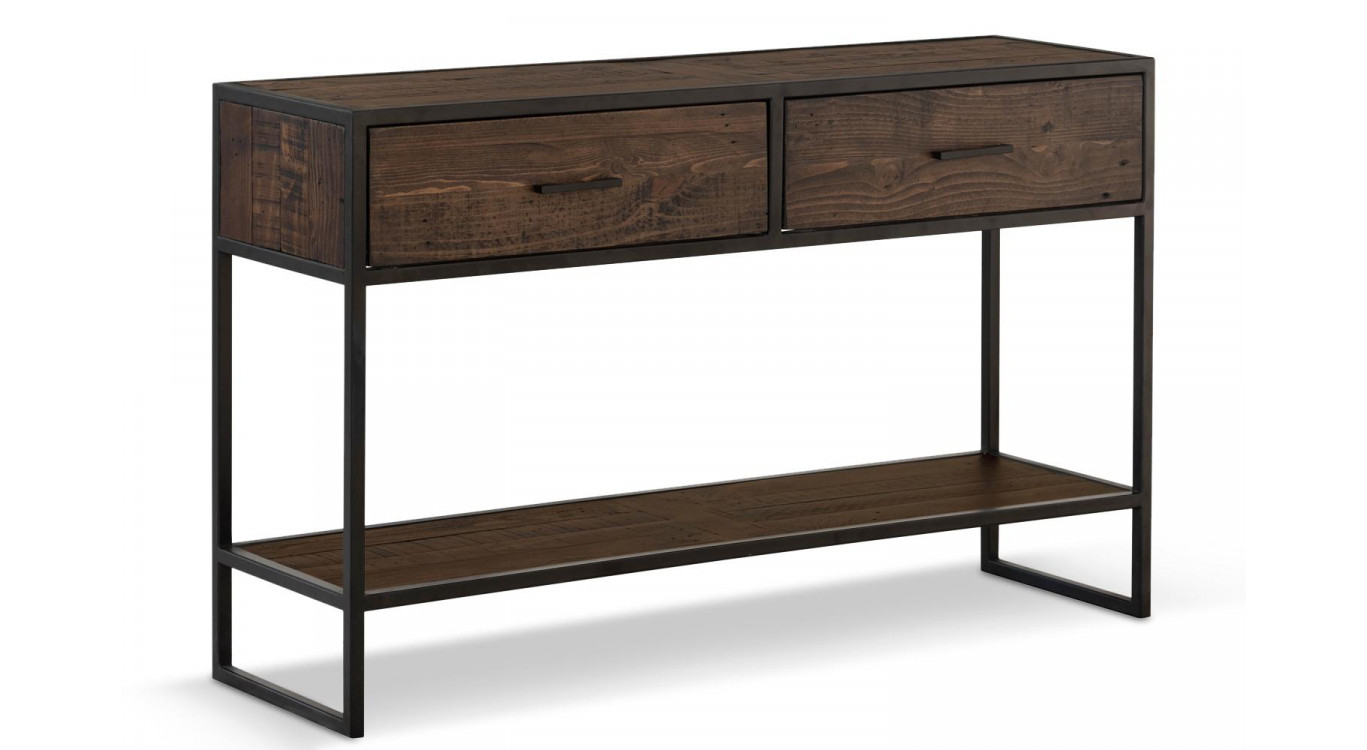 Console 2 Tiroirs Bois Métal Marron 120x35x75cm