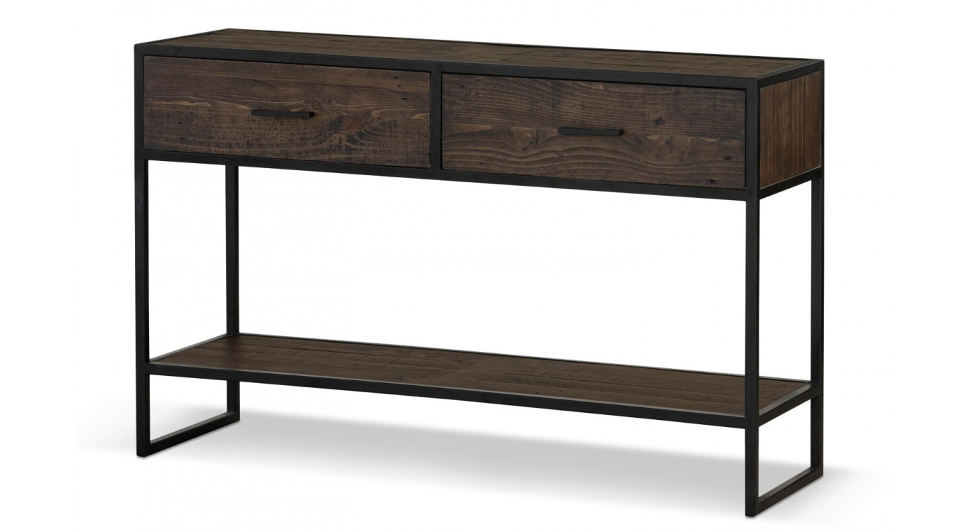 Console 2 Tiroirs Bois Métal Marron 120x35x75cm