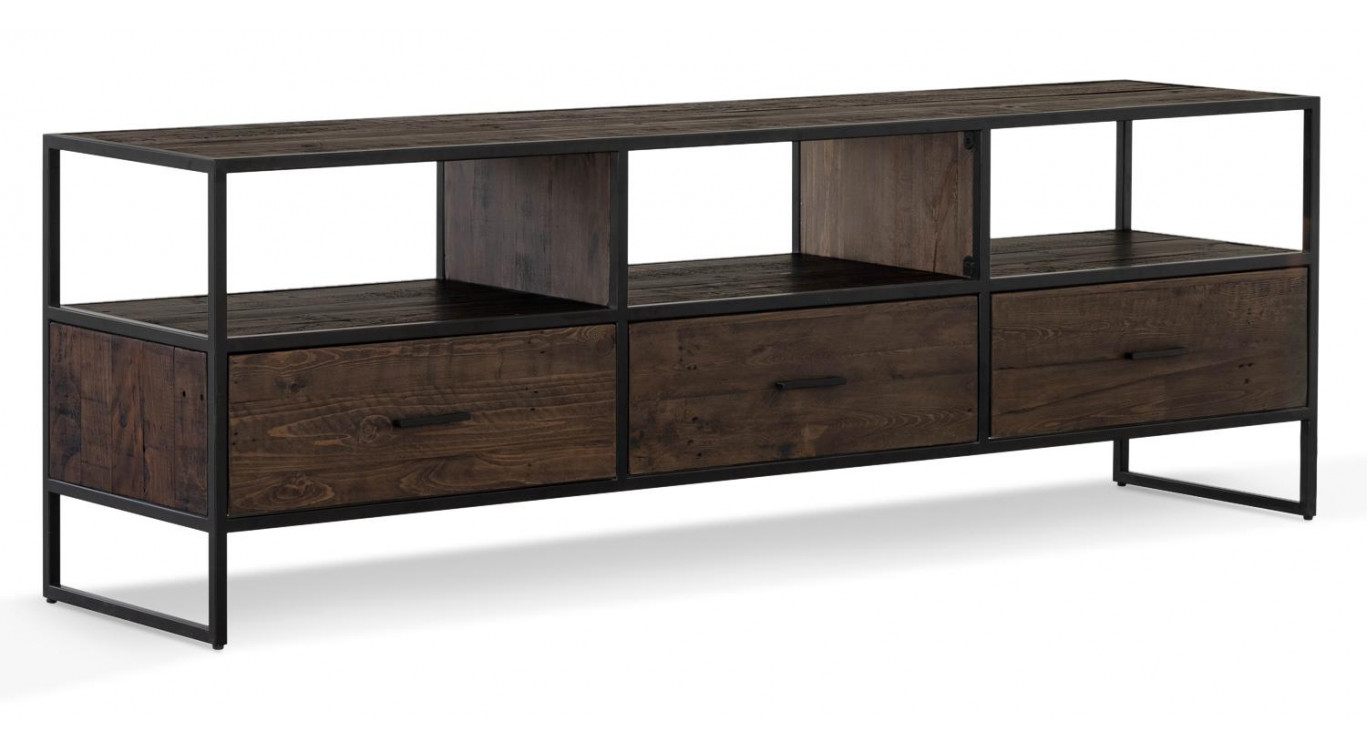 Meuble TV 3 Tiroirs Bois Métal Marron 200x45x65cm
