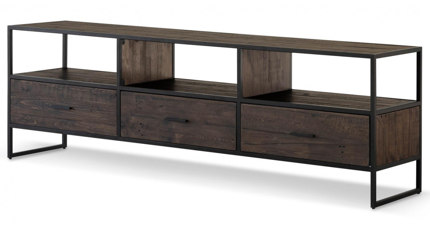Meuble TV 3 Tiroirs Bois Métal Marron 200x45x65cm