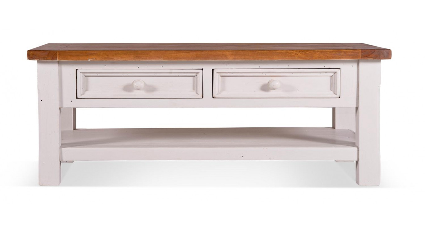 Table Basse 2 Tiroirs Bois Blanc 120x65x45cm