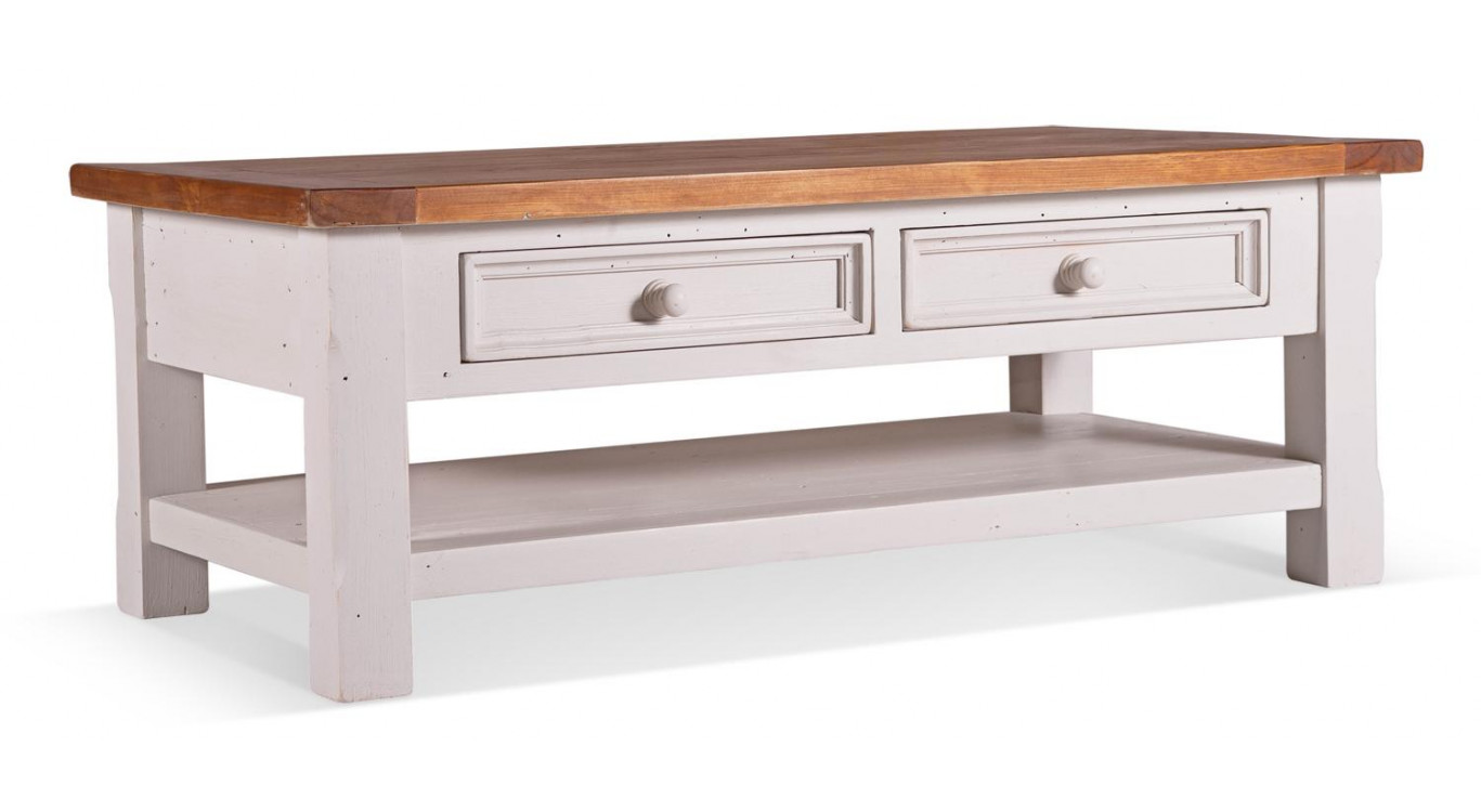 Table Basse 2 Tiroirs Bois Blanc 120x65x45cm