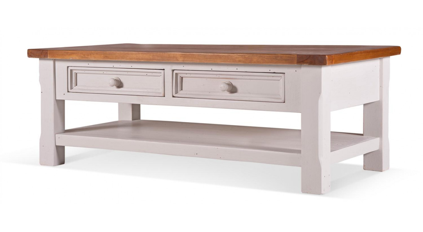 Table Basse 2 Tiroirs Bois Blanc 120x65x45cm