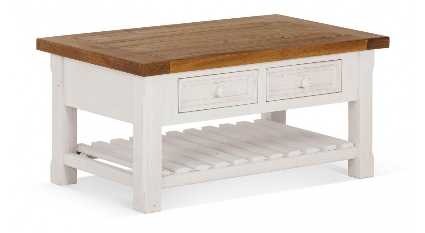 Table Basse 2 Tiroirs Bois Blanc 90x55x43cm