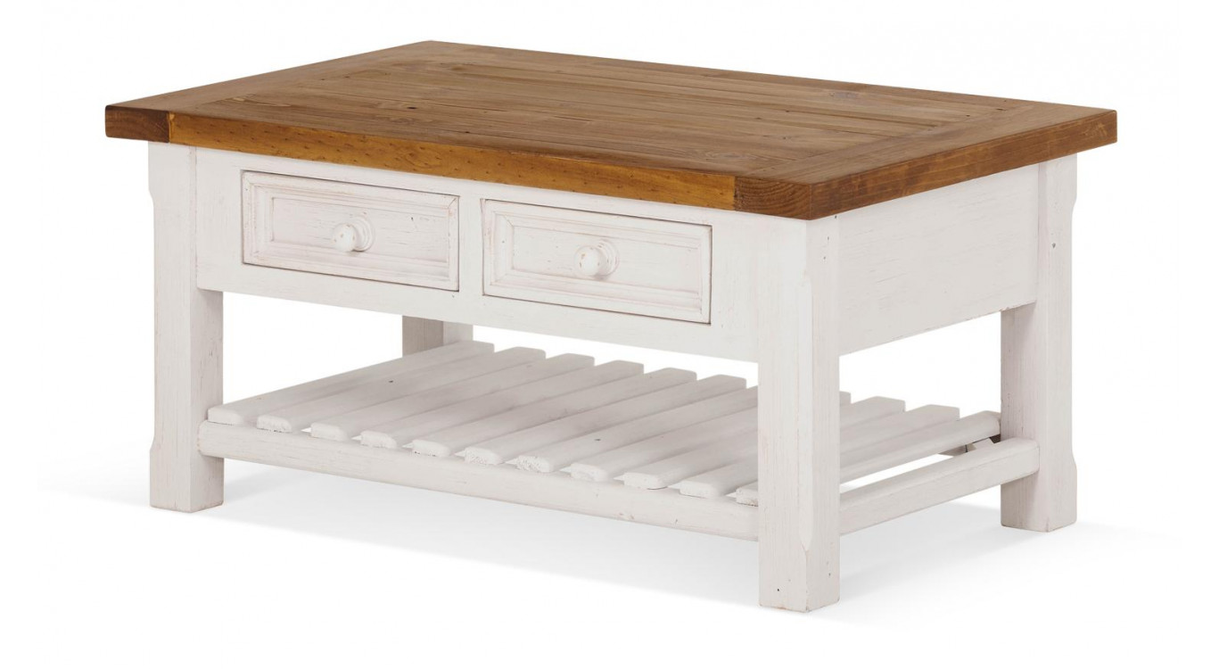 Table Basse 2 Tiroirs Bois Blanc 90x55x43cm